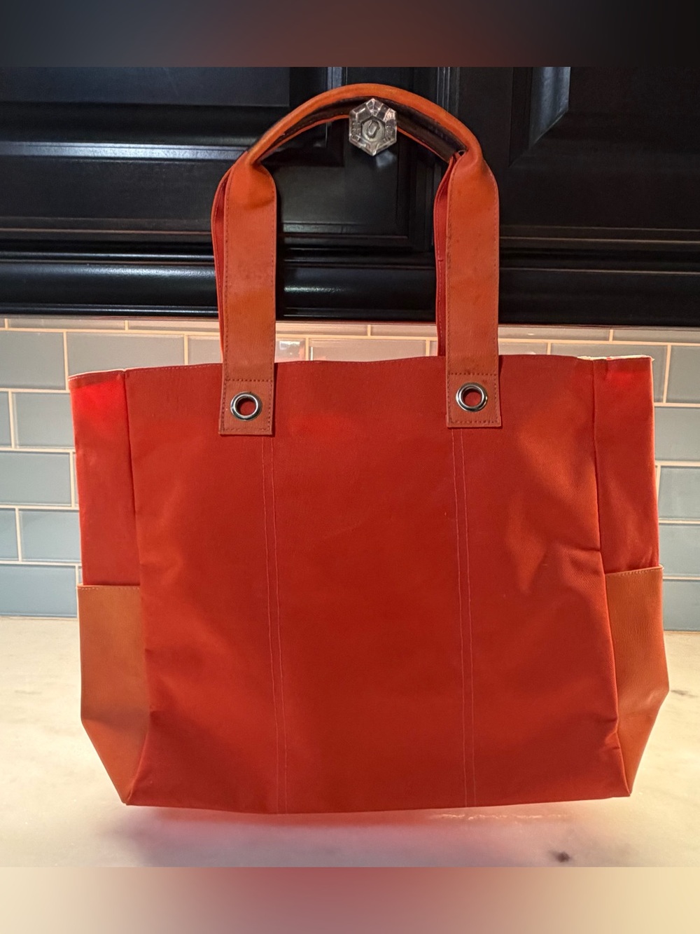 Lancome Orange Canvas Tote Bag Floral Lining Large Shoulder Purse Side Pockets